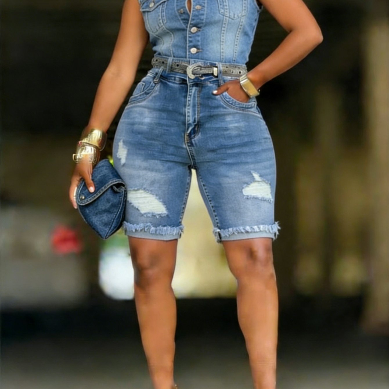 TEMU Large Size Women's Denim - Blue High Waist Ripped Denim Shorts Elastic Ripped 5-point Pants