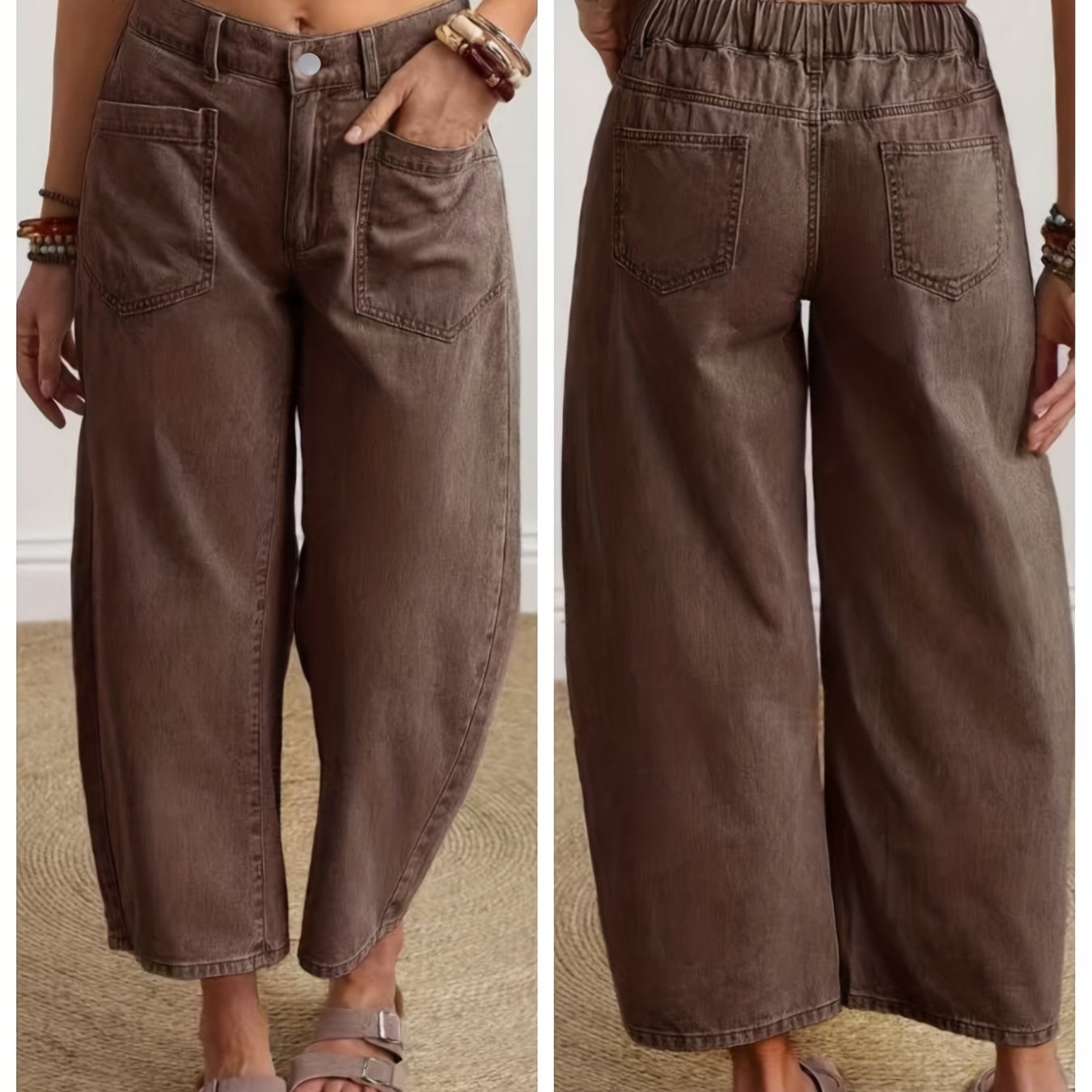 Image of Women's Stretchy Denim Pants In Coffee Color, Versatile And , Button Closure, Elastic Waistband, , Suitable For Casual And Elegant Holiday Wear