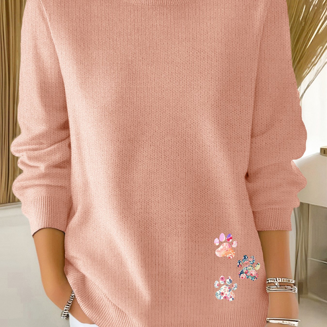 TEMU A Versatile Fine- Sweater For Women, Made From Soft And Slightly Stretchy Fabric, Featuring A Long-sleeve Design With A 'flower' Pattern