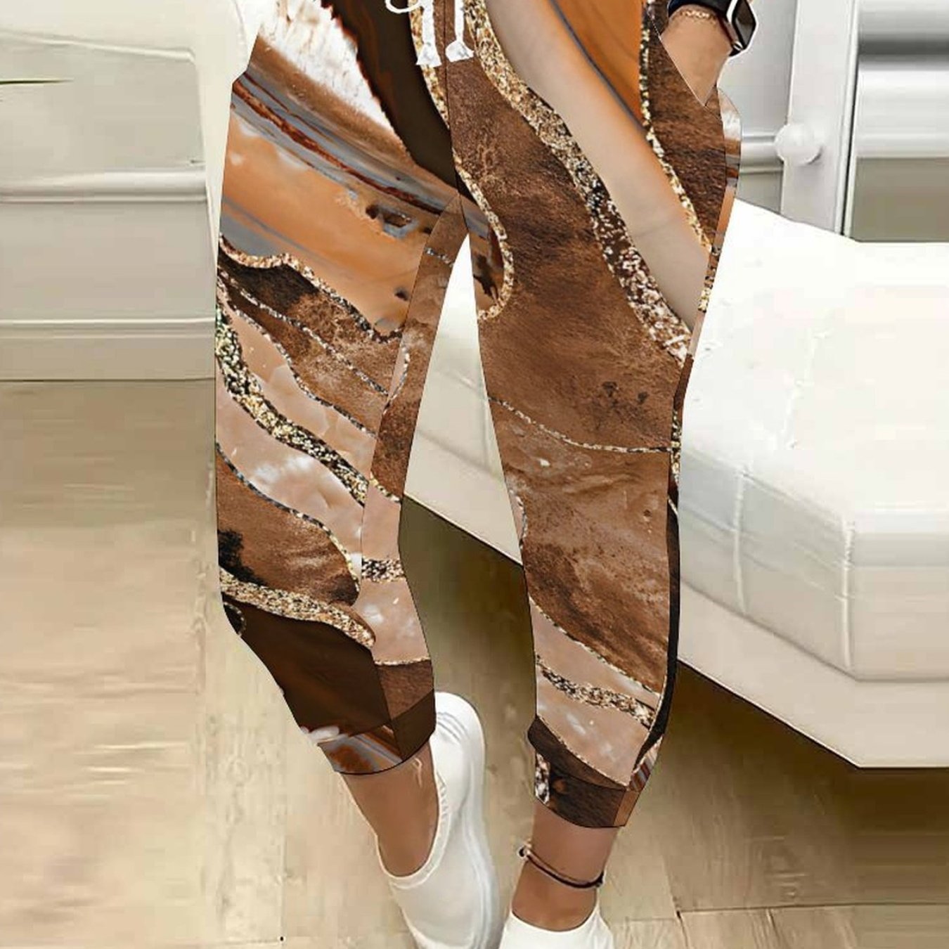 Women's Fashionable Casual Printed Drawstring Waistband Pocket Pants