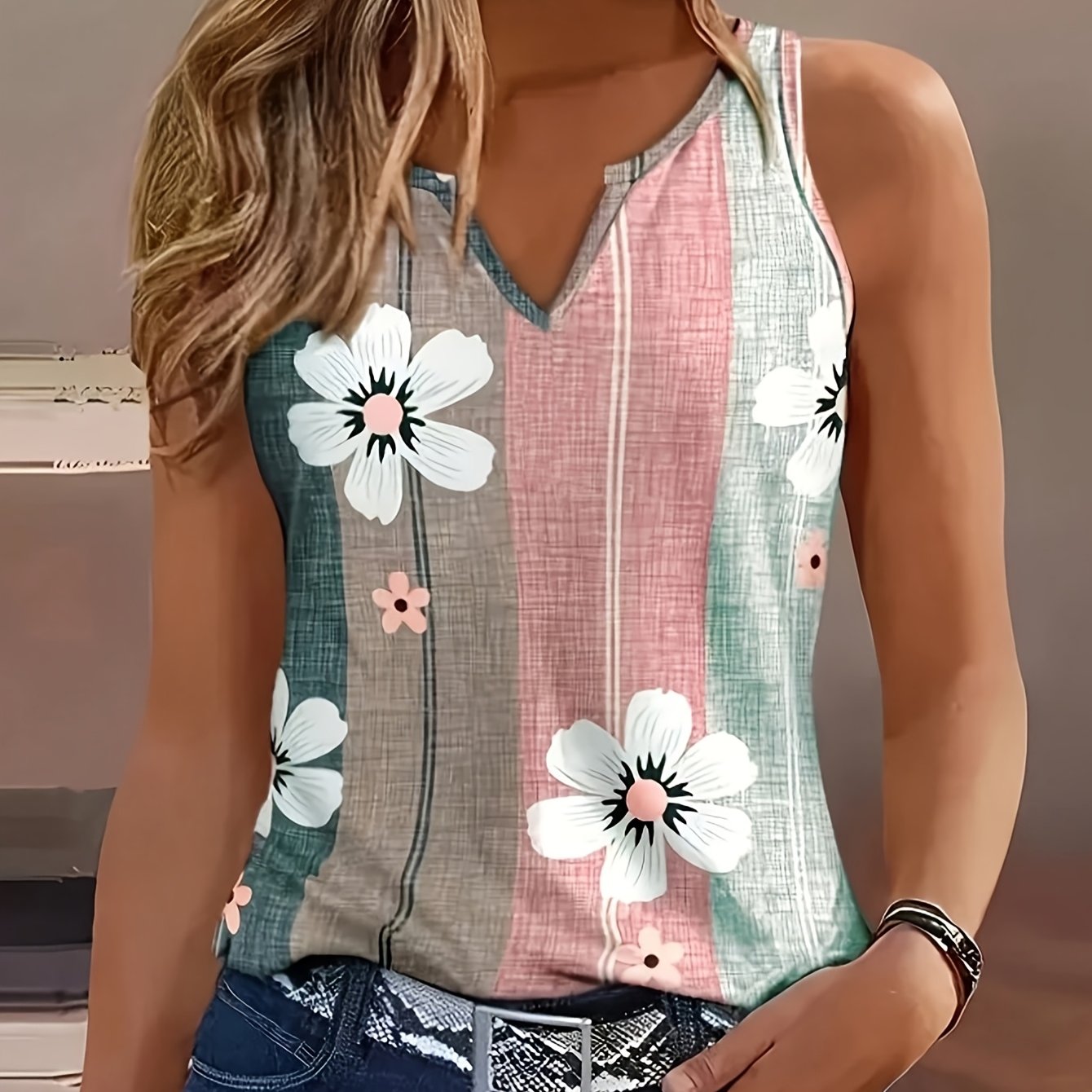 TEMU Women's Summer Floral Print V-neck Sleeveless Button-up Top