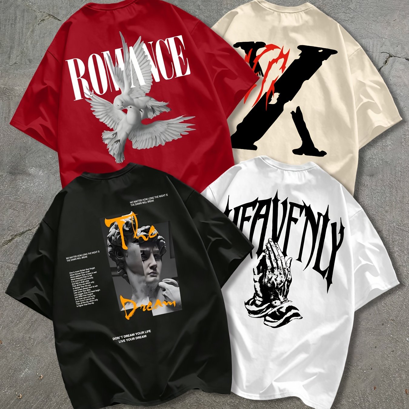 TEMU Men's Summer Short-sleeve 4pcs Printed Regular Fit Tops, Trendy Printed , Outdoor Sports And Casual Short-sleeve T-shirts, 4pcs