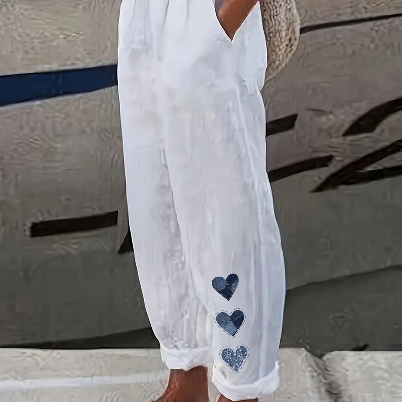 Women' Twill Denim Casual Pants With Heart Patch Appliqué Print, Elastic Waist, And Rolled Hem
