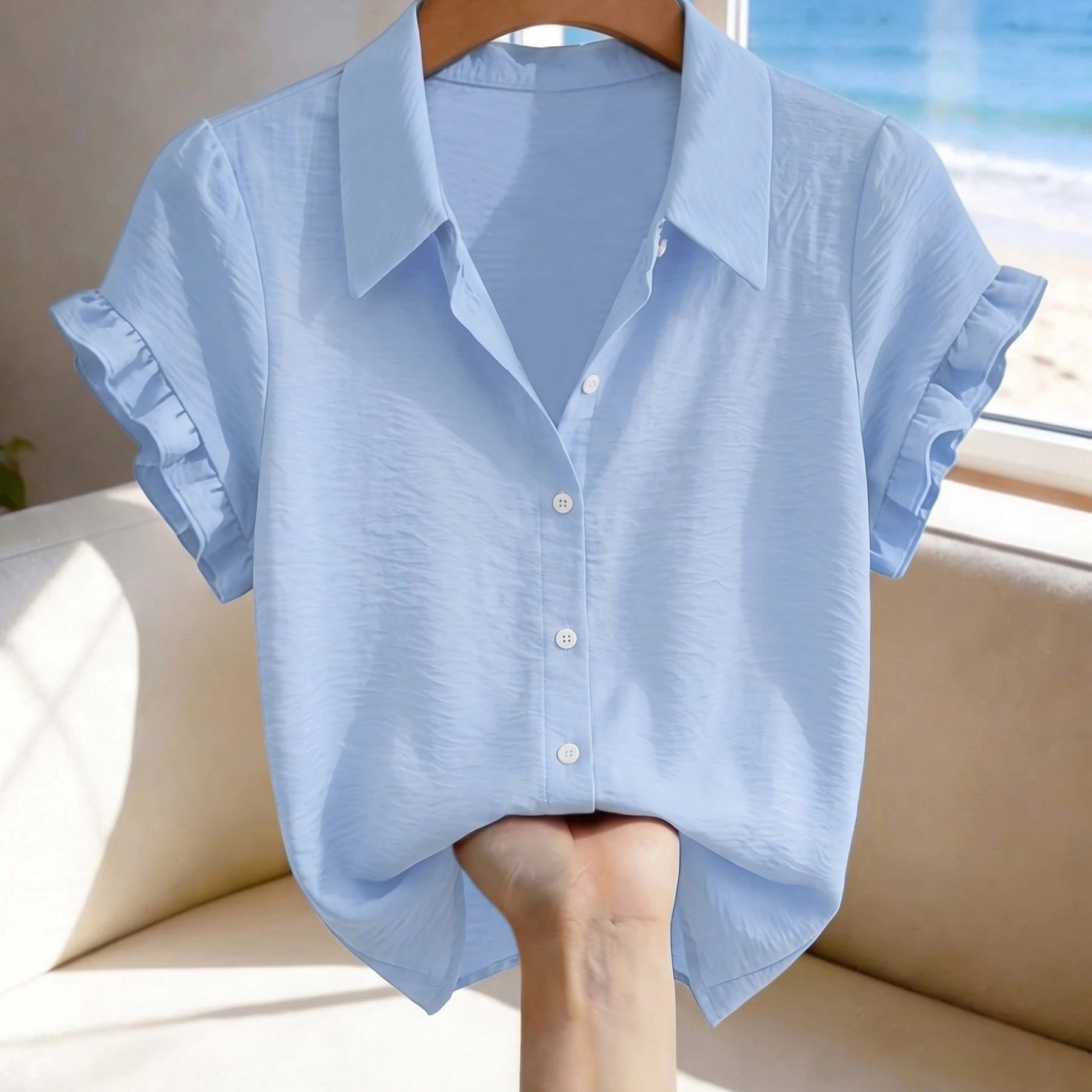 TEMU Summer Women's Elegant Solid Color Short Sleeve Single Button Shirt
