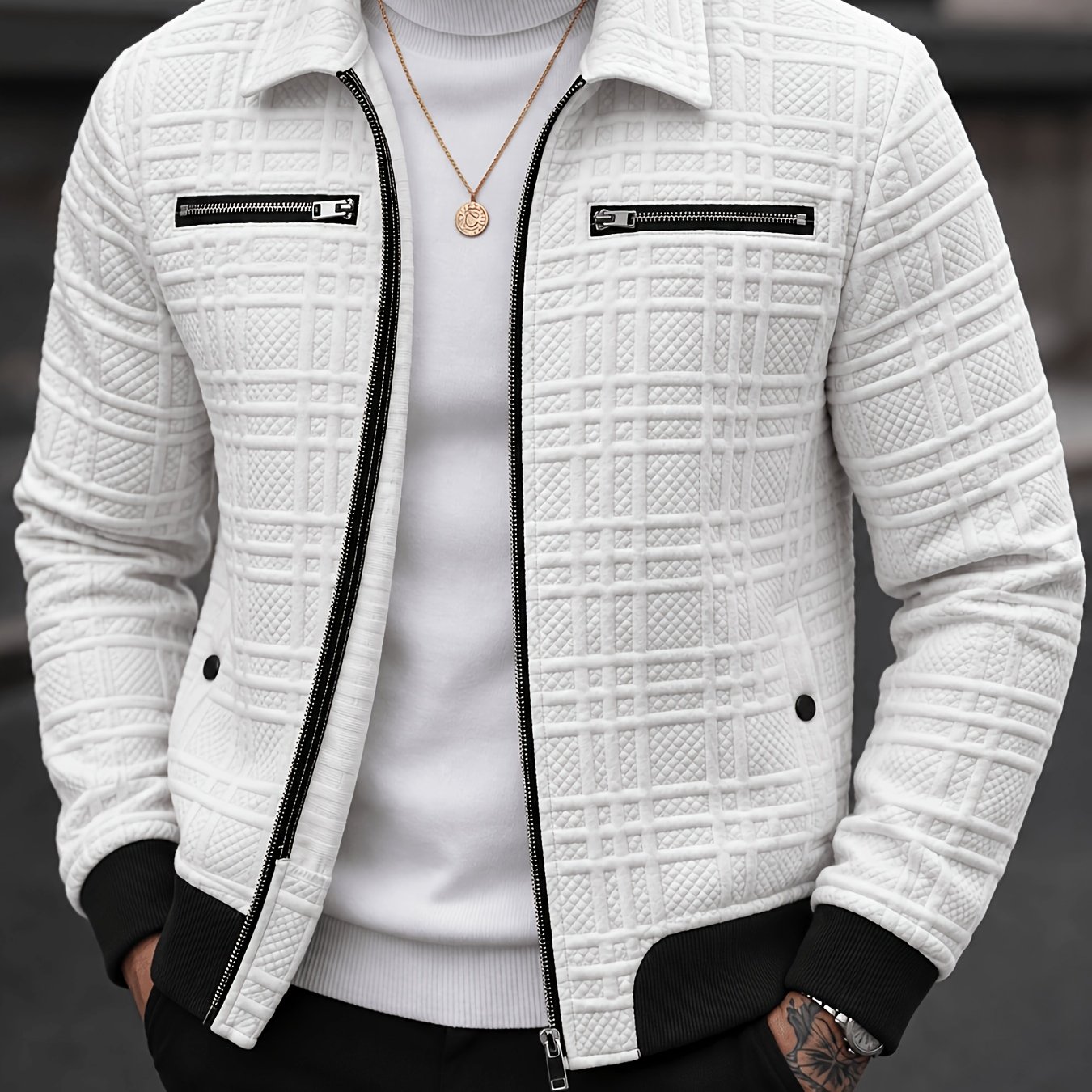 TEMU Men's Autumn/winter Three-dimensional Checkered Embossed Lapel Jacket With Full Zipper, Dual Chest Zipper Pockets, Color-block , Long Sleeves,