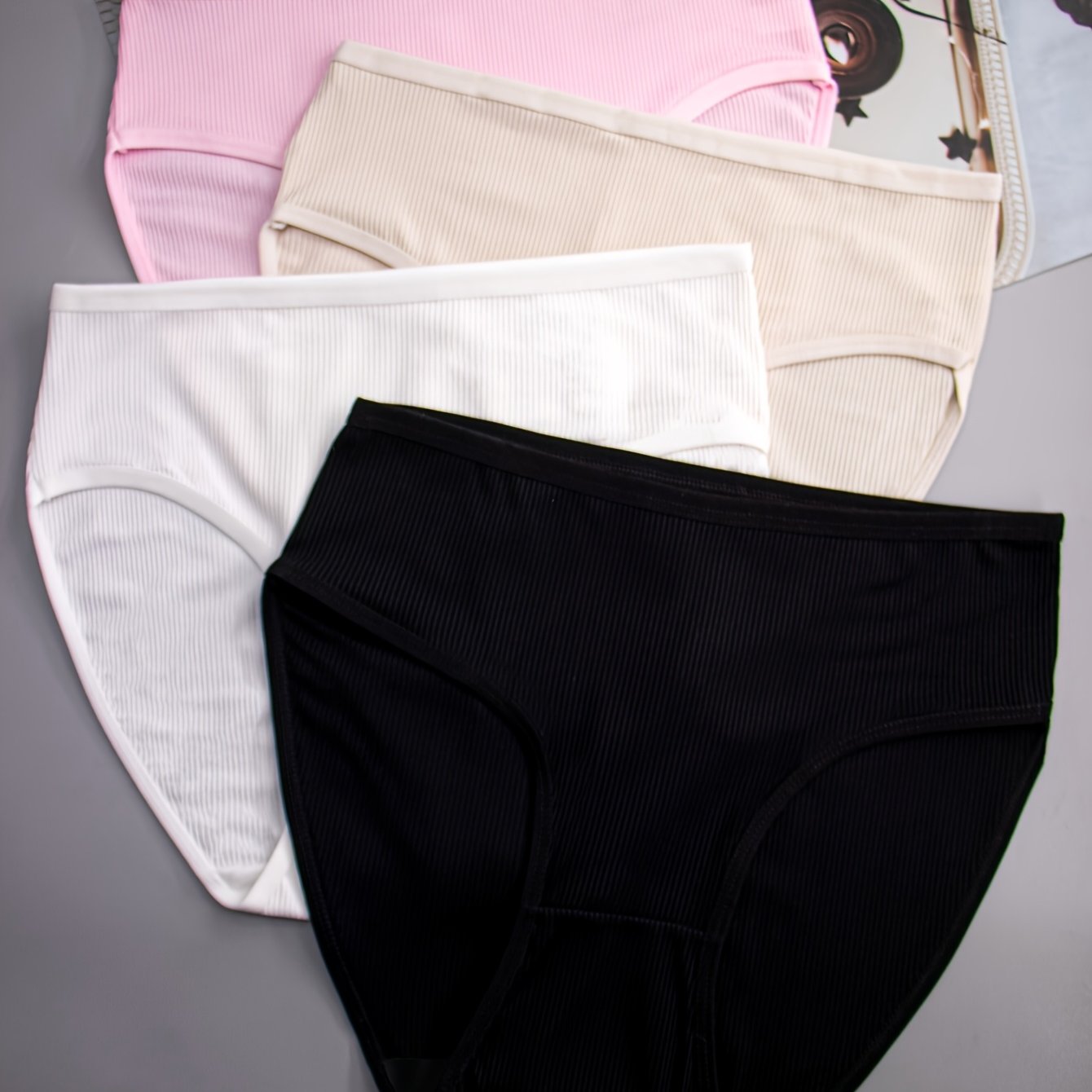 TEMU 4pcs Women's High-stretch Ribbed Fiber Fabric Mid-rise Sports Panties