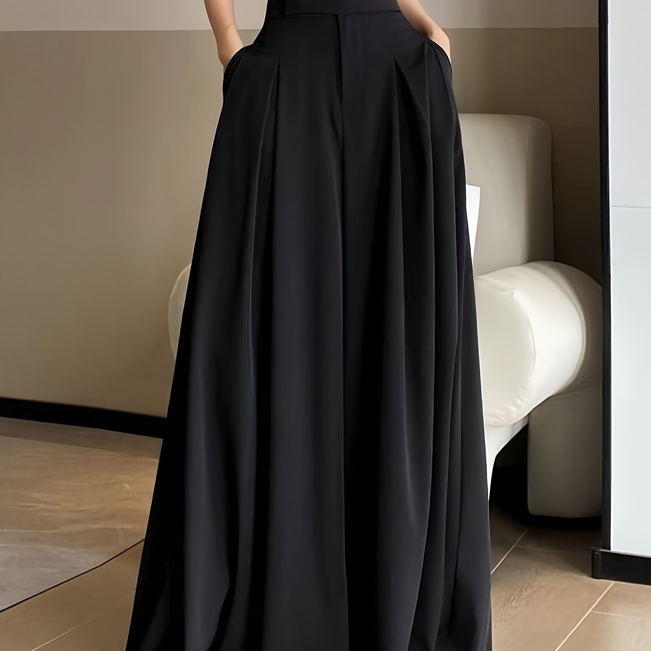 Elegant And Solid Pleated Wide-leg Pants