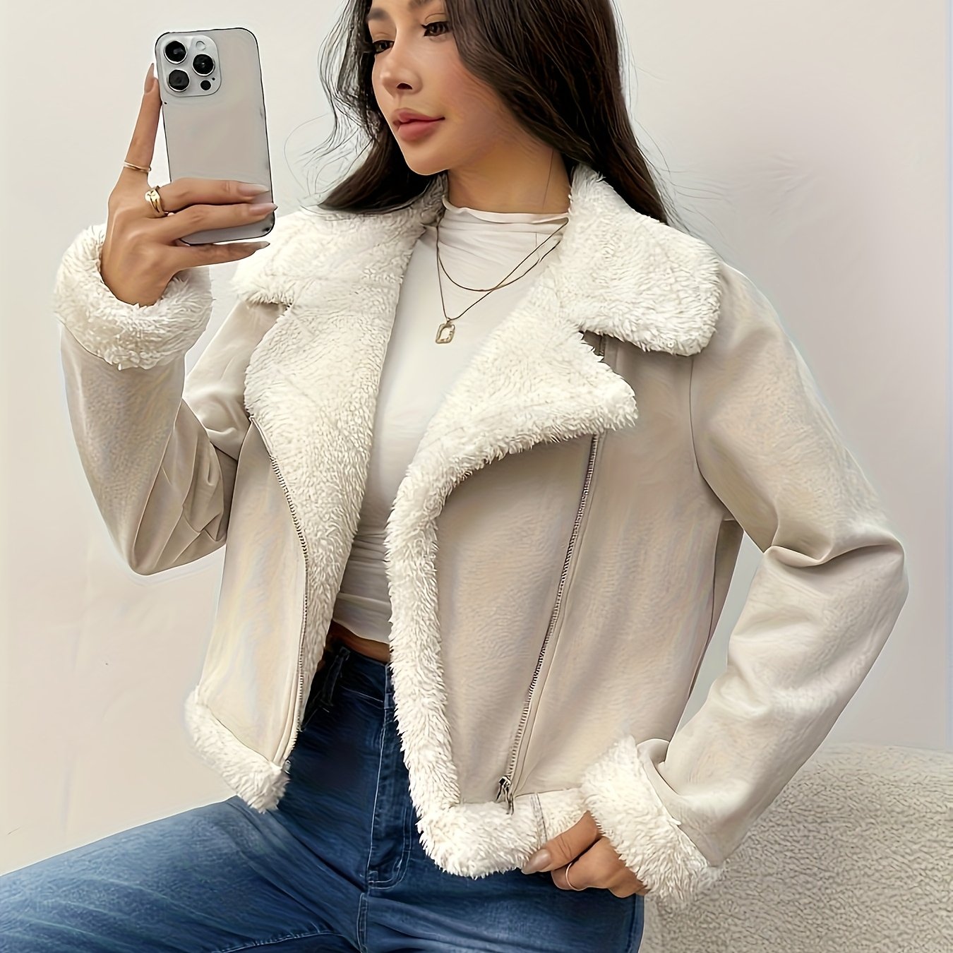 TEMU Women's Elegant Fall Winter Fleece Lined Thick Long Sleeve Jacket