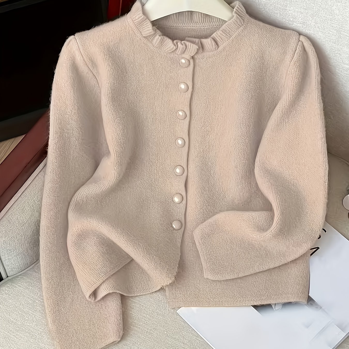 E-shop Einfache Unifarbene Rüschenkragen-Strickjacke für Damen, Eleganter Vintage Kurzer Pullover für Frühling Herbst