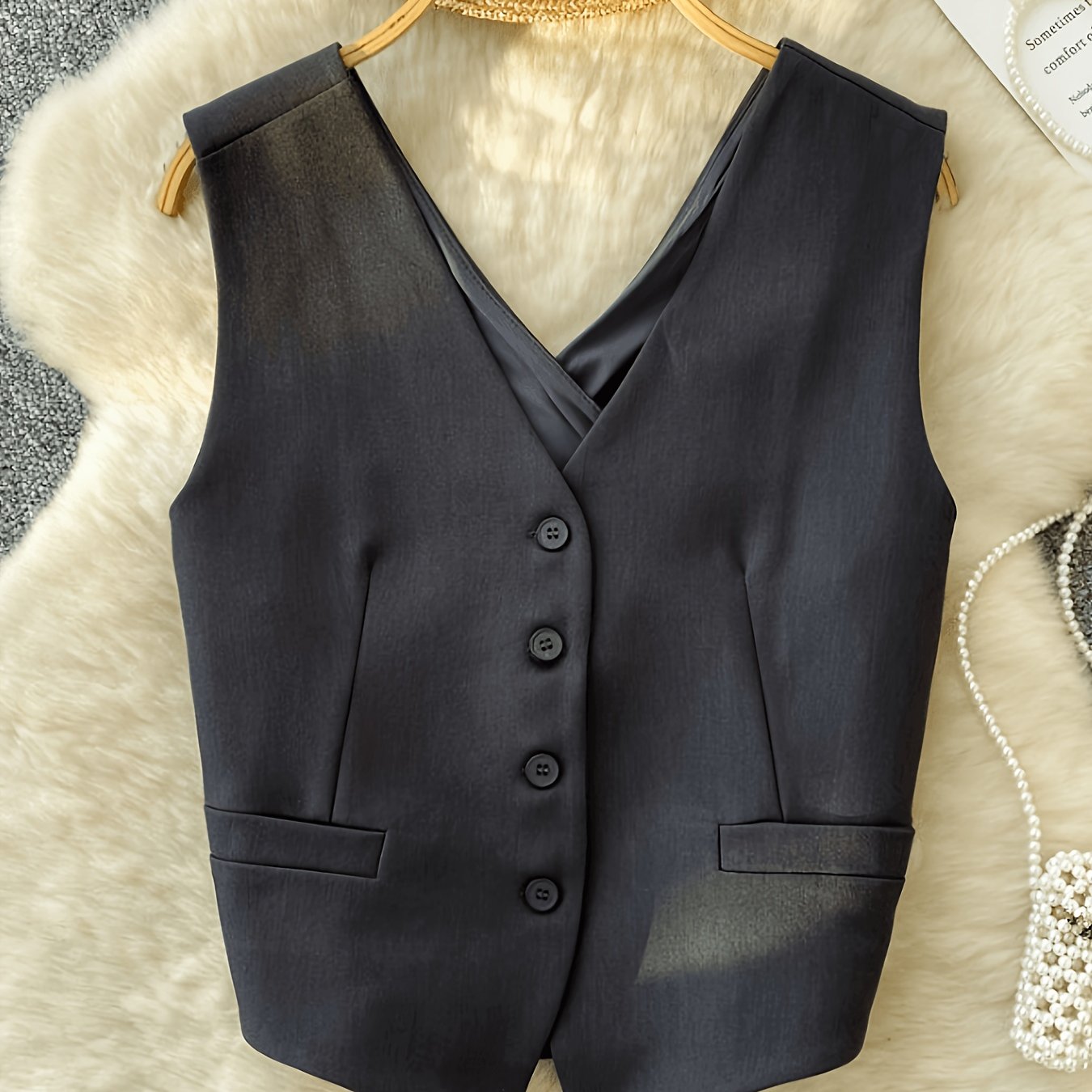TEMU Women's Casual Fashionable Black Short Suit Vest Jacket With Criss-cross - Niannian