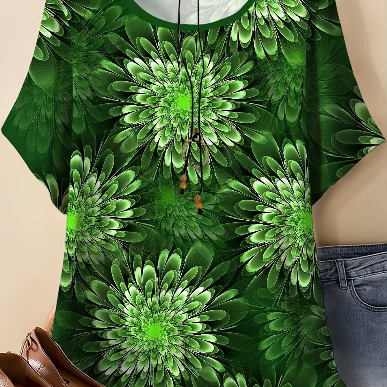 TEMU Plus Size Women's T-shirt Floral Pattern Print, Round Neck Short Sleeve Casual Fit For Outdoor Wear, Shiny Outdoor Top | Stretch Fabric, No