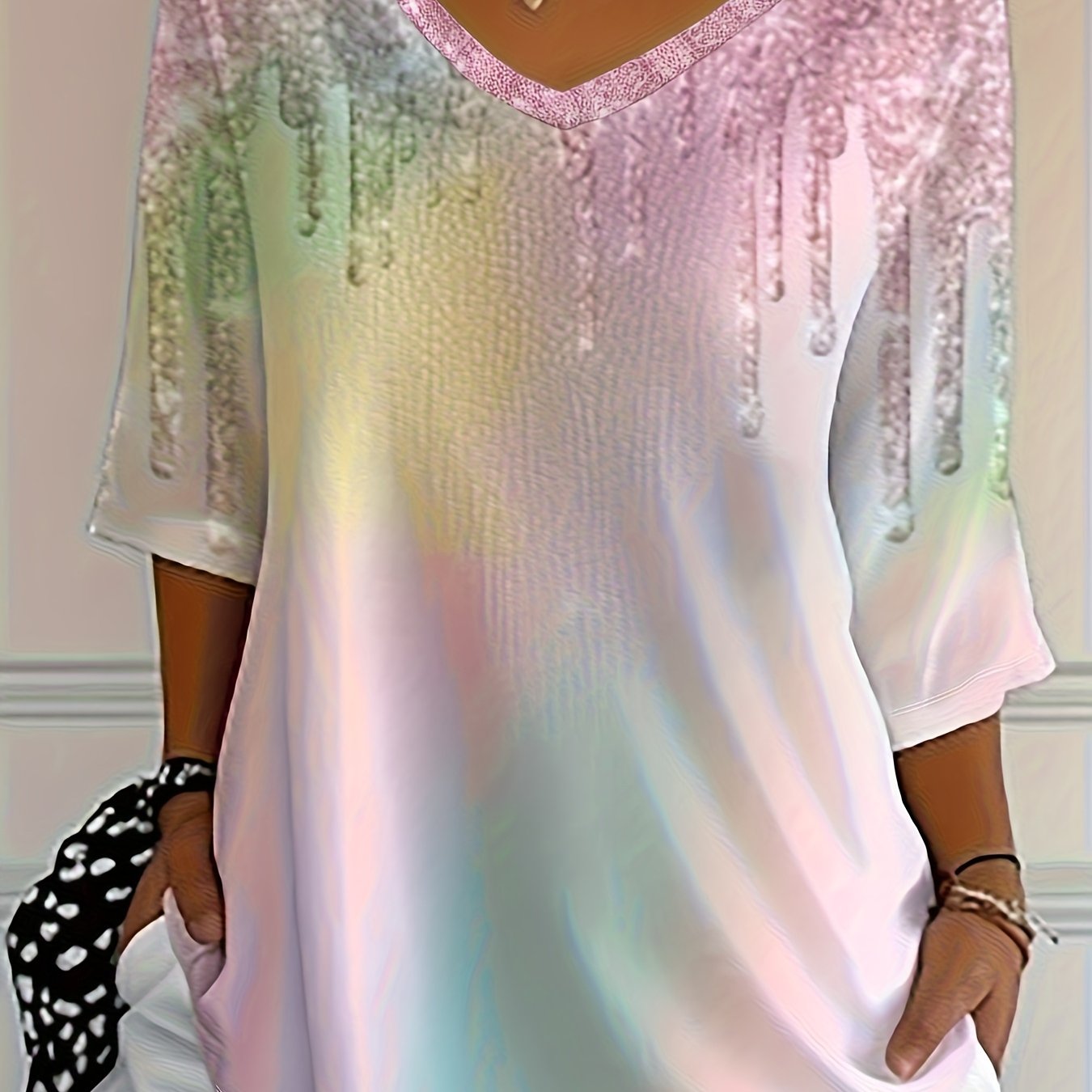 E-shop Damen-Top in Übergröße mit V-Ausschnitt 3/4-Ärmeln, Pastell-Tie-Dye-Glitzer-Tropfendruck, locker geschnittene Freizeit- Urlaubsbluse, weicher