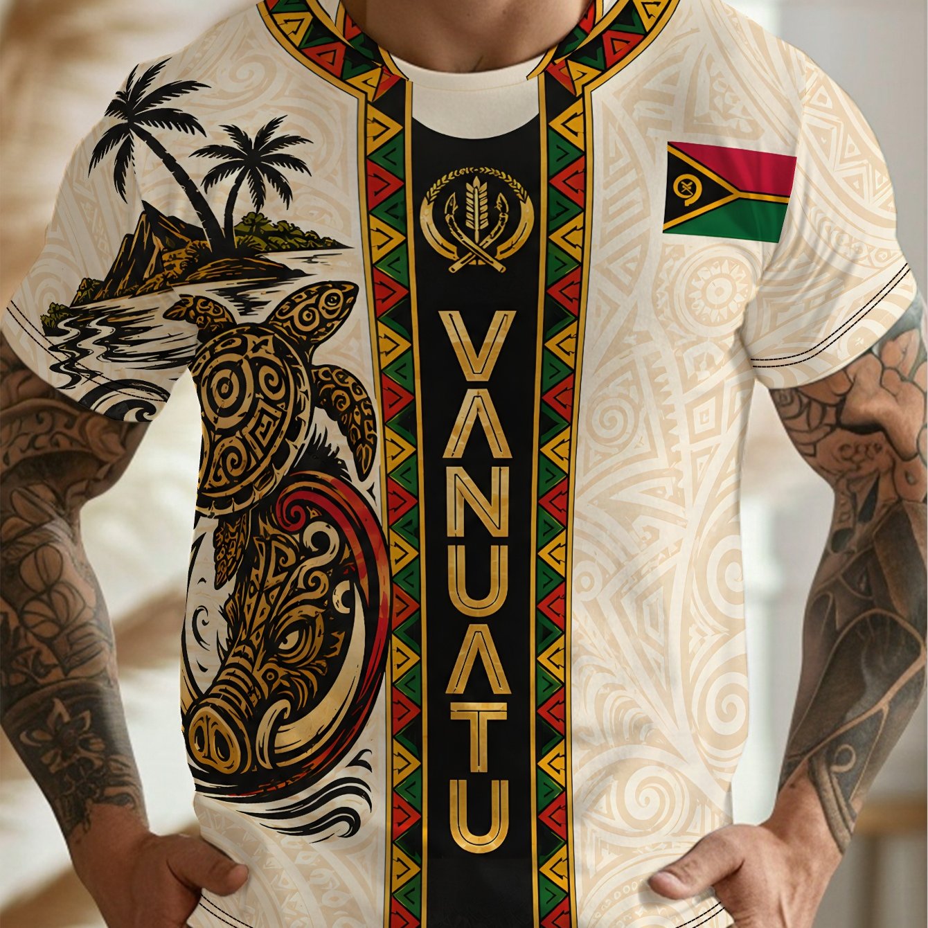TEMU Vanuatu Jersey Men's Casual Graphic Print Short Sleeve T-shirt, Round Neck, Comfortable And Breathable, Fashionable For Summer Beach, Vacation,