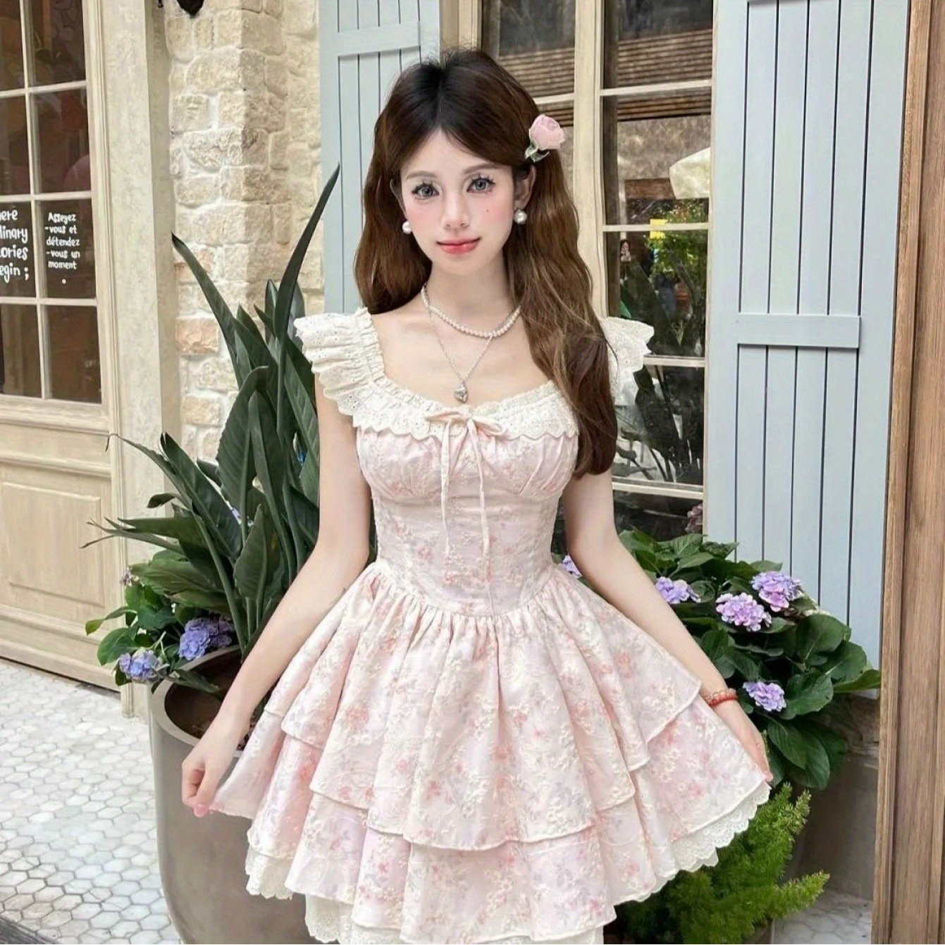 TEMU トなフランス風の花柄プリンスドレス、パフスリーブ付き - 甘い夏のスタイル、シンシドウエスト、フリルスキル、ピンク色の白い花柄パターン、女性に最適な可愛いドレス