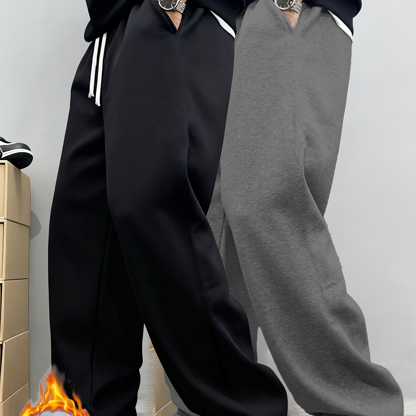 TEMU 2pcs Men's Fleece Lined Thickened Casual Joggers - Elastic Waistband With Drawstring Design, Side Pockets, Autumn And Winter Sports Style Pants,