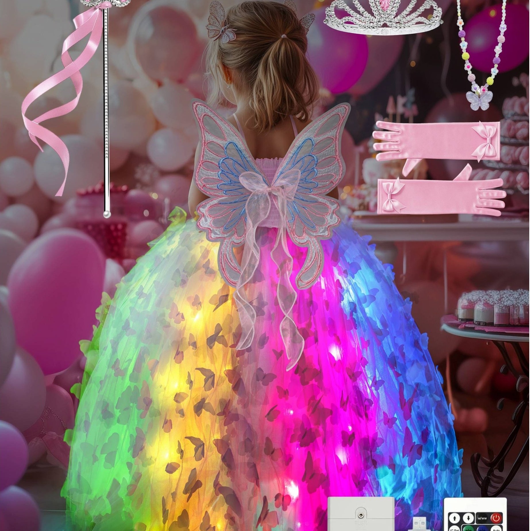 TEMU Princess Costume Set For Girls - Fairy Wings And Tutu Set, App-control Princess Dress, Rgb Led Light Up Halloween Costume (batteries Not