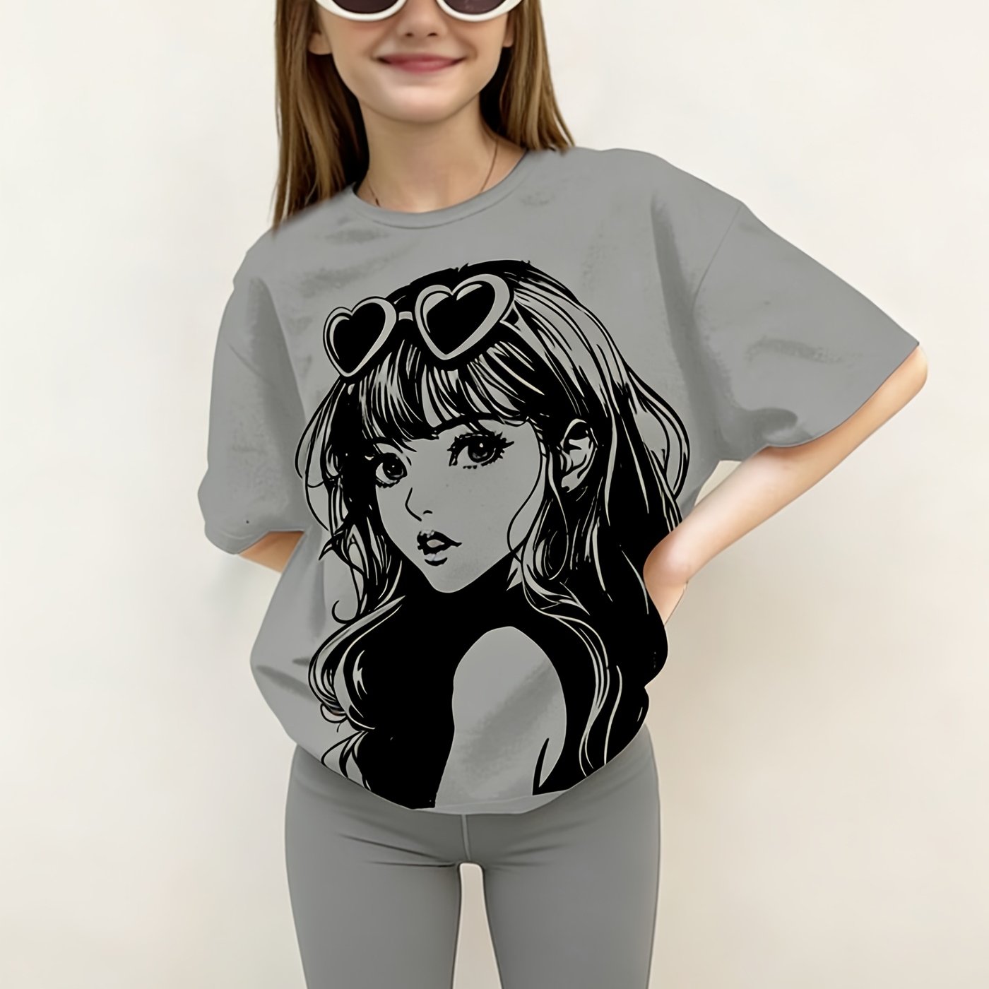 Image of Loose Gray Anime Girl Print Short-sleeved T-shirt + Shorts Lazy Outfit Two-piece Set, For Outdoor
