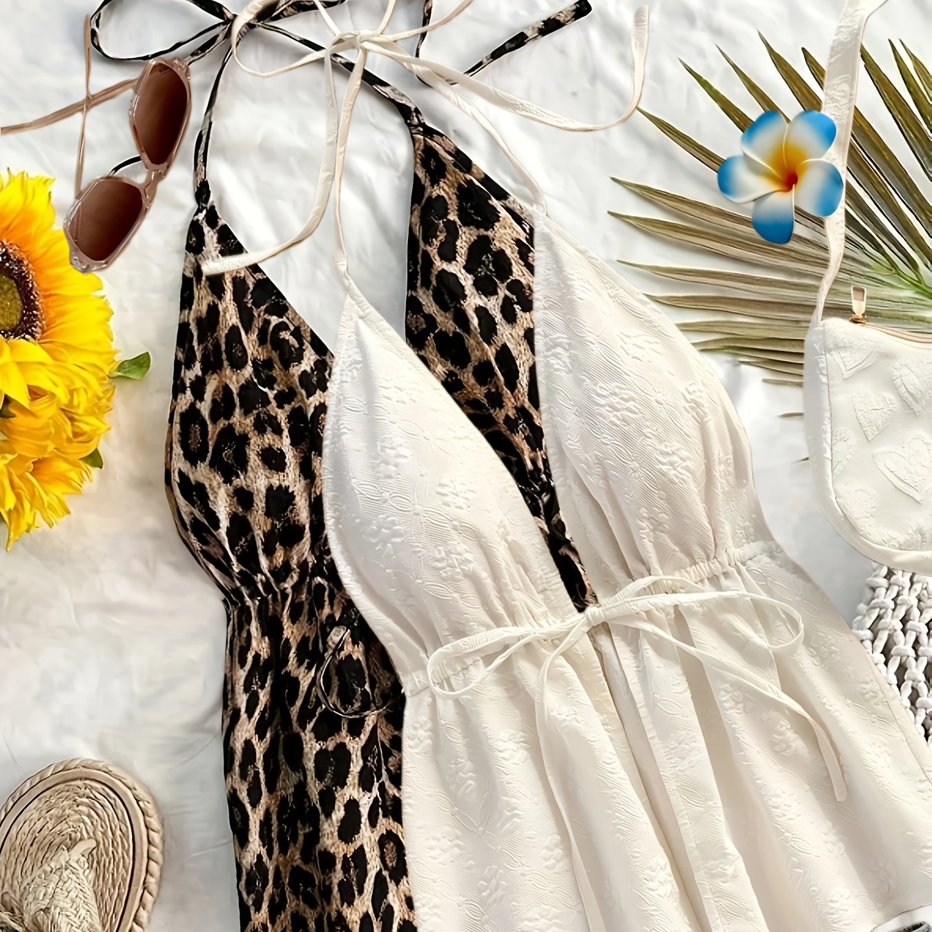 E-shop Damen-Weste, 2-teilig, geprägt + Leopardenmuster, lässig, , mit V-Ausschnitt, Schulterfrei, Trägerhalter mit Rückenbindung. Geeignet für
