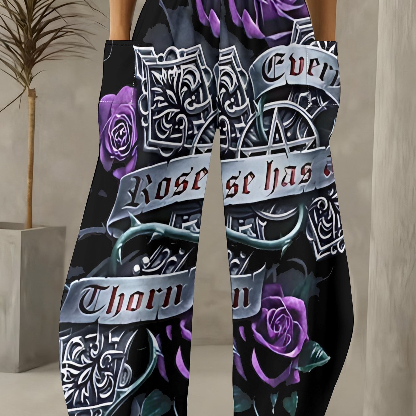 TEMU Plus Size Women's Spring Cool And Edgy Style Black With Purple Rose Gothic Print Loose Wide-leg Pants, Stretchy High-waist Design, Skin-friendly