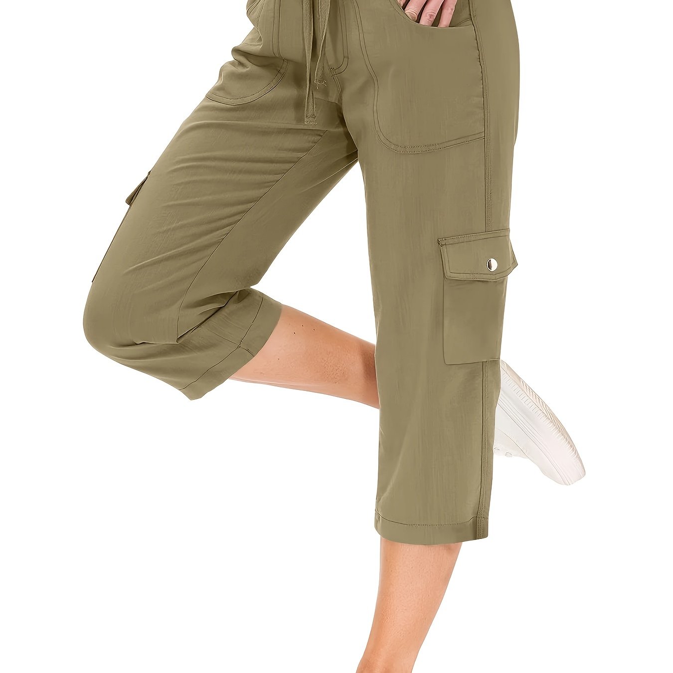 Image of 2024 Summer Women's European And Style Cargo Pants With Pockets, Elastic Waist, Trendy Casual Three-quarter Length