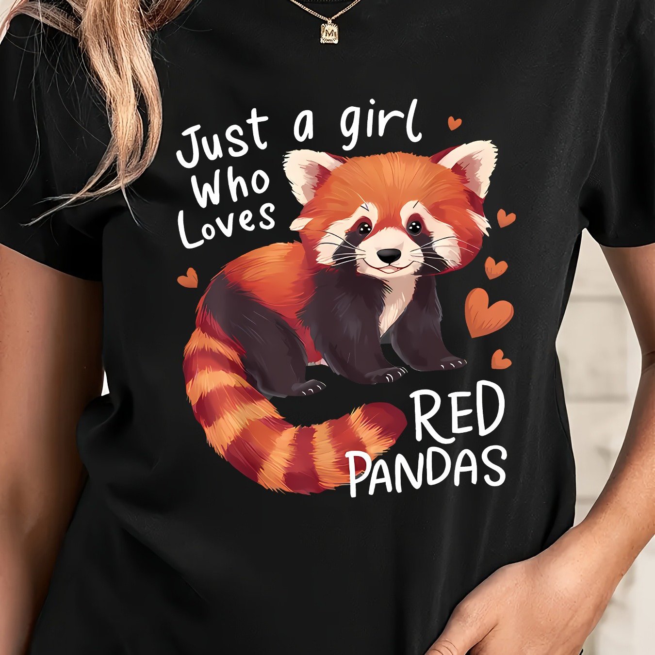TEMU Women's Cute Panda Print T-shirt - "just A Who Pandas" Slogan, Soft Round Neck Short Sleeve Casual Top With Panda Face & Paw Print Design,