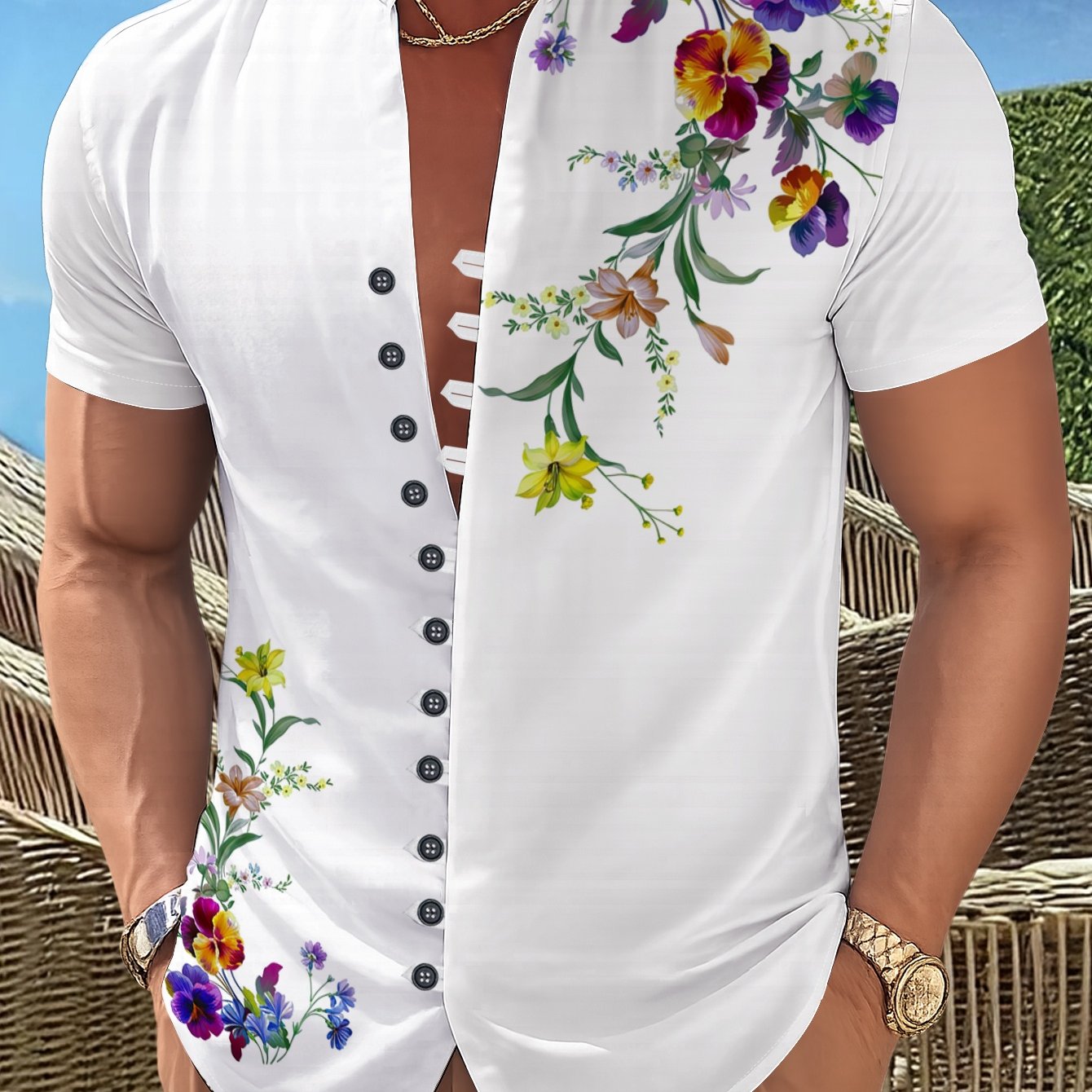 TEMU Men's 11-button Stand Collar Short Sleeve Shirt Summer New Digital Printing Casual Fashion Breathable Top