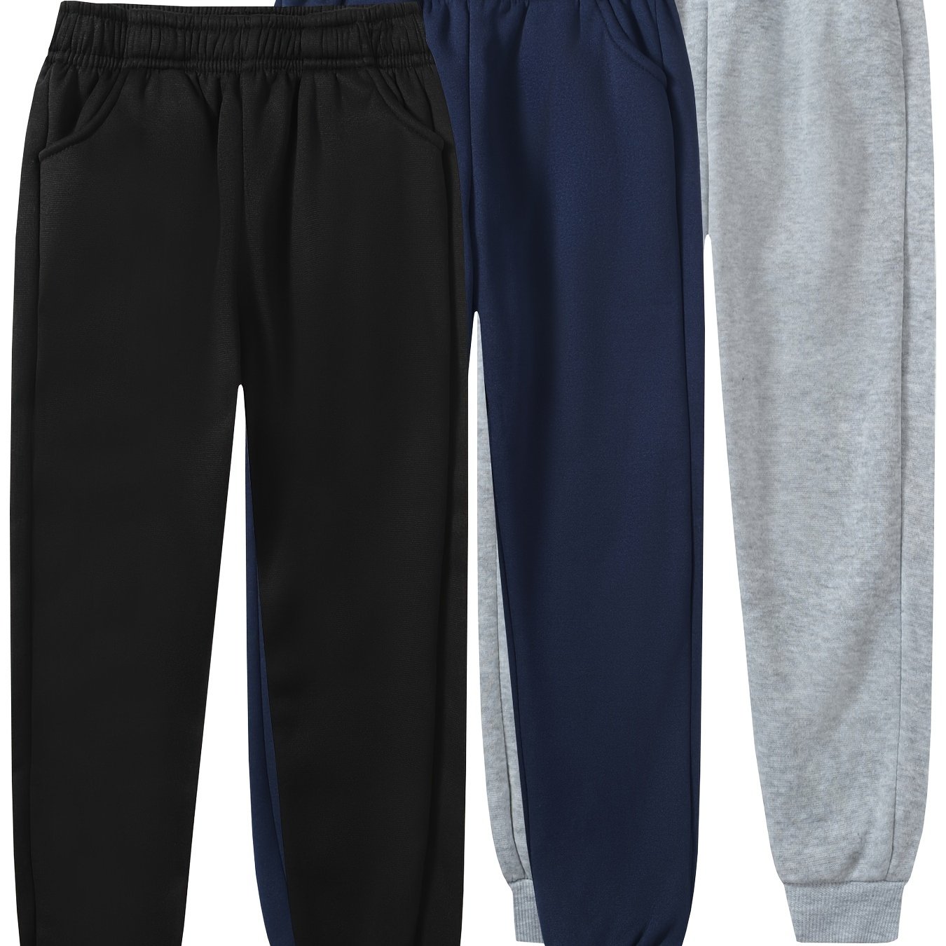 3-strip Pc Boys' Casual Solid Color Long Pants, Elastic Waist Ankle Sports Trousers, Fall Winter Fleece Daily Jogging Pants, For Outdoor