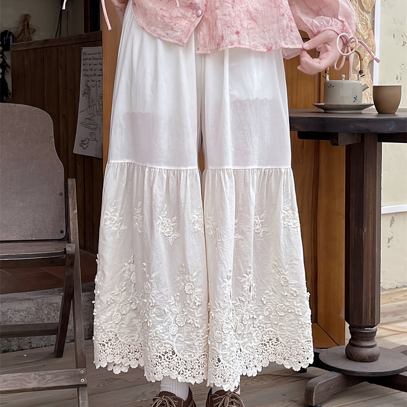 TEMU Japanese Elegant Lace Embroidered Lolita Style Style Sweet Layering Cute Retro Loose Wide-leg Elastic Waistband Solid Color Ankle Pants