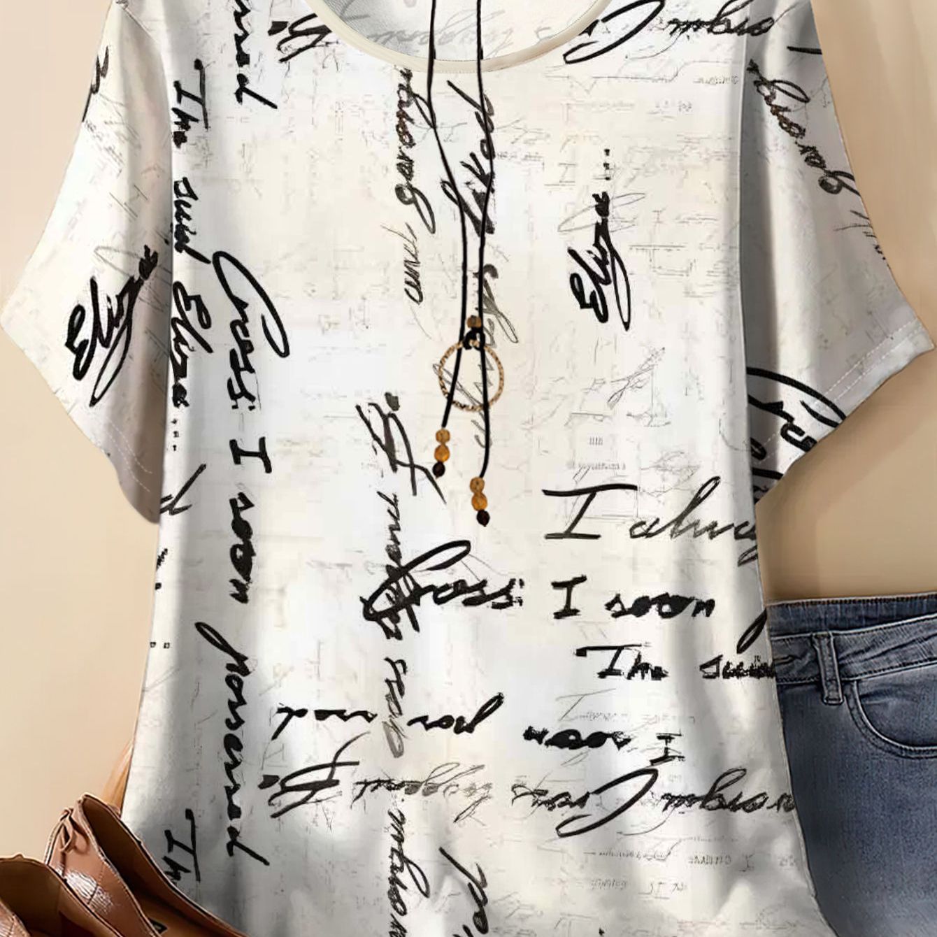 TEMU Women's Plus Size Letter Print Loose Short Sleeve T-shirt, Women's Summer Casual Versatile Top, Plus Size Comfortable Breathable Style