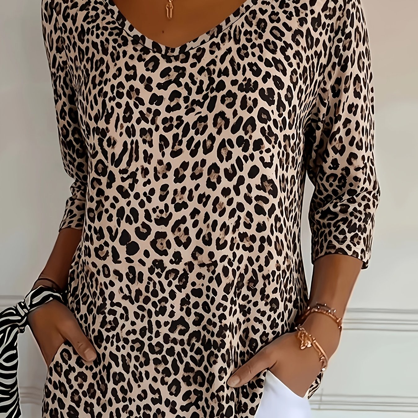 TEMU Top da donna a maniche a tre con stampa leopardata , scollo vestibilit� regular, stile casual western per le vacanze