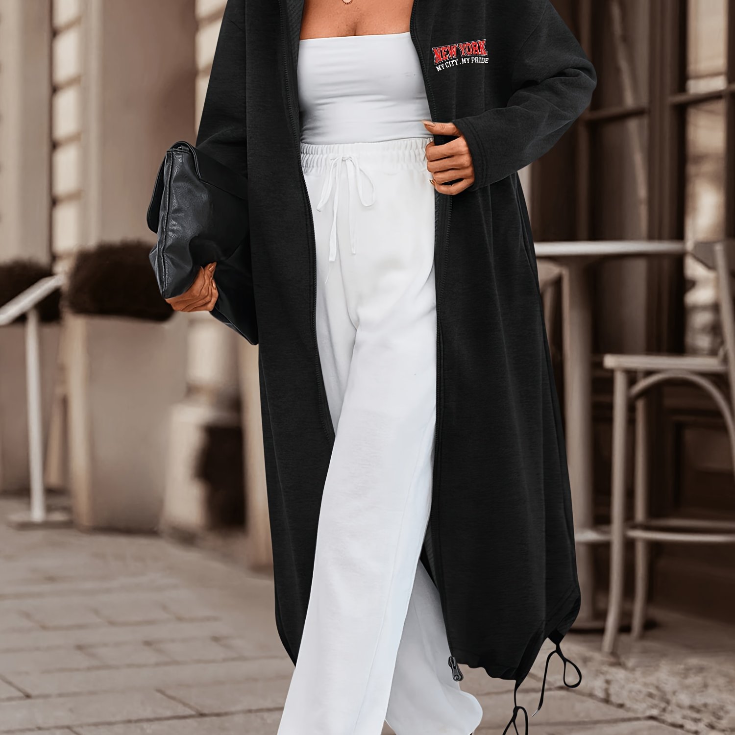 TEMU European And American Women's Casual Versatile Print Long Hooded Cardigan, Warm And Professional For Office Commutes, Stylish And For Weekend