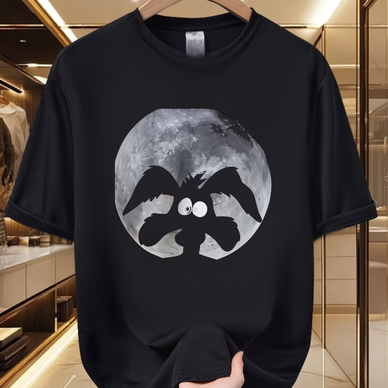 TEMU Men's Soft Breathable 100% Polyester T-shirt - Whimsical Moonlight Print Crew Neck Short Sleeve Tee Suitable For Summer, Gym, & , Casual Wear