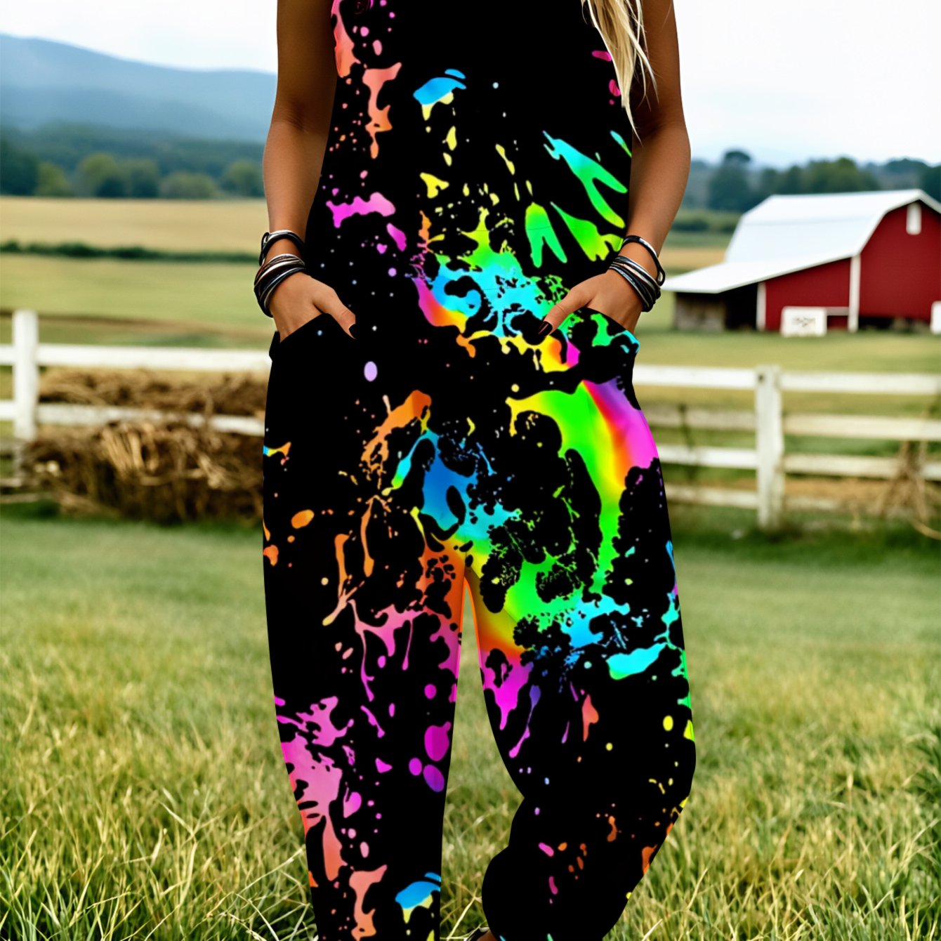 Image of Plus Size - Plus Size - Plus Size Women's Overalls 0xl-5xl Colorful Splatter Abstract Art Design Comfortable And Breathable Adjustable Shoulder Straps Fashionable Clothing Fiber Casual Wear