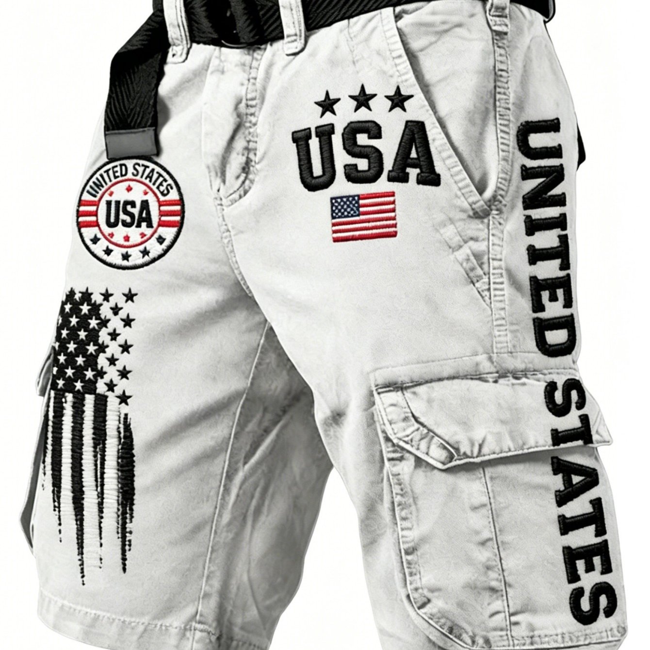 Men' Cargo Shorts With Usa United States Lettering, Embroidered American And Patches, Patriotic Multi-pocket Tactical Work Shorts