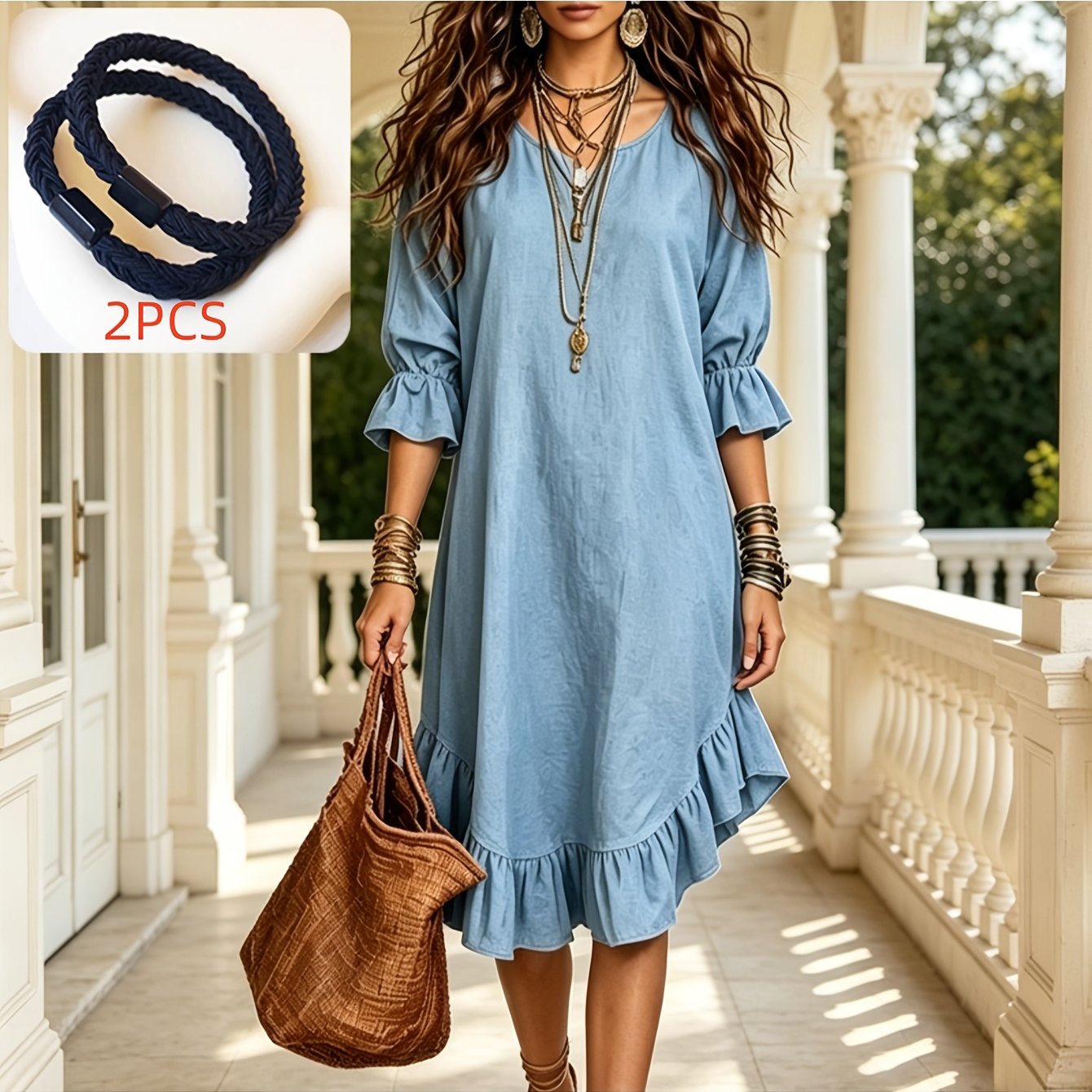Image of Plus Size, (2pcs Hair Ties Included) Boho Style Women's Plus Size Maternity Blue Denim Midi Dress, Half Sleeve Loose Casual Mid Length Dress For Vacation & Daily Wear