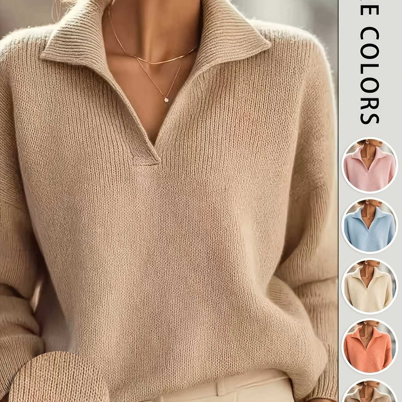 TEMU Lapel Semi-open V-neck Off-shoulder Sweater, Office Casual All-match Ribbed Loose Long Sleeve Pullover Top