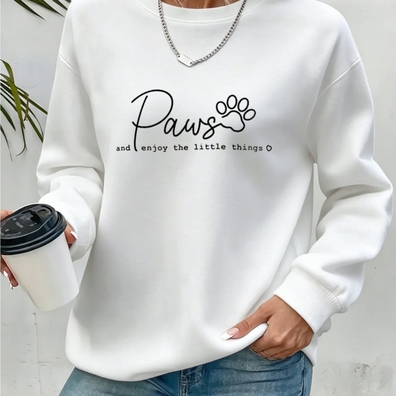 Cozy Paw Print Crew Neck Sweatshirt For Women - Casual Long Sleeve Pullover - Perfect For Fall & Winter