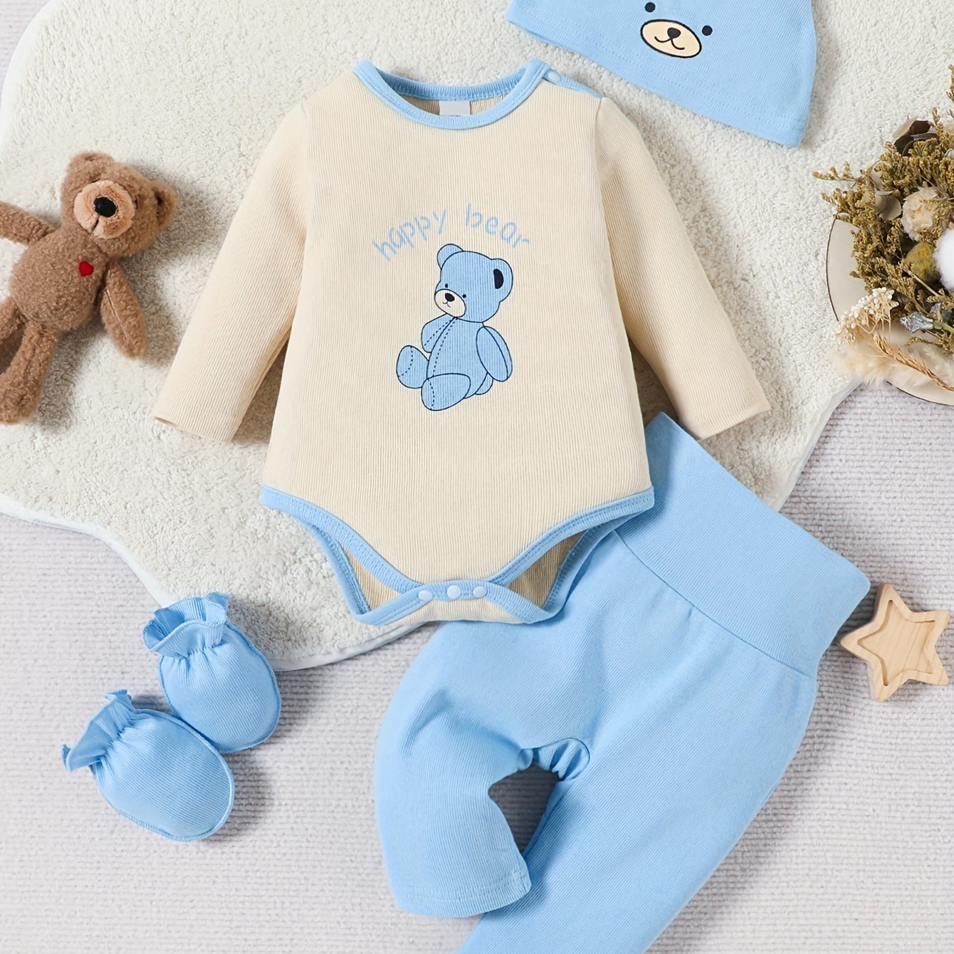 Baby Boy Set Infant Teddy Bear Pattern Long Sleeve Triangle Bodysuit, Pants, Hat And Socks Set, For Outdoor