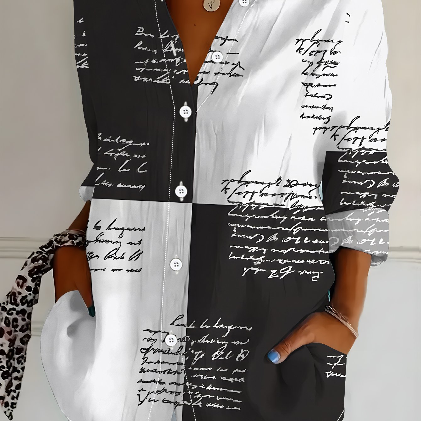 TEMU Plus Size - Women's Long Sleeve Shirt, Artistic Style, ' Printed Shirt, Handwritten Element, Women's Floral Shirt, Black And , Women's Casual