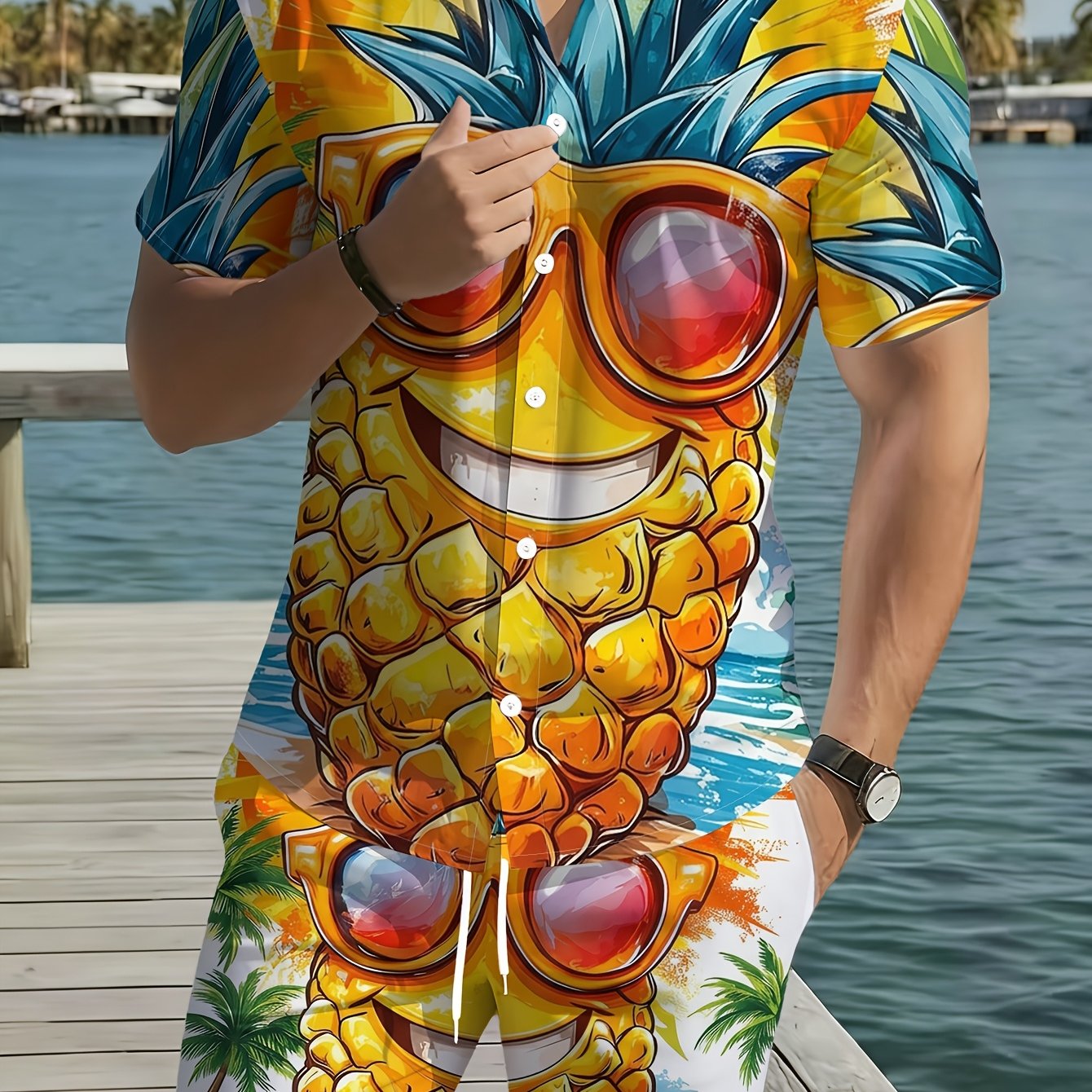 TEMU [Gedrukt ontwerp – Niet getextureerd] 2-delige set voor heren met Hawaïaanse vakantiestijl patroonprint, shirt met korte mouwen en korte broek,