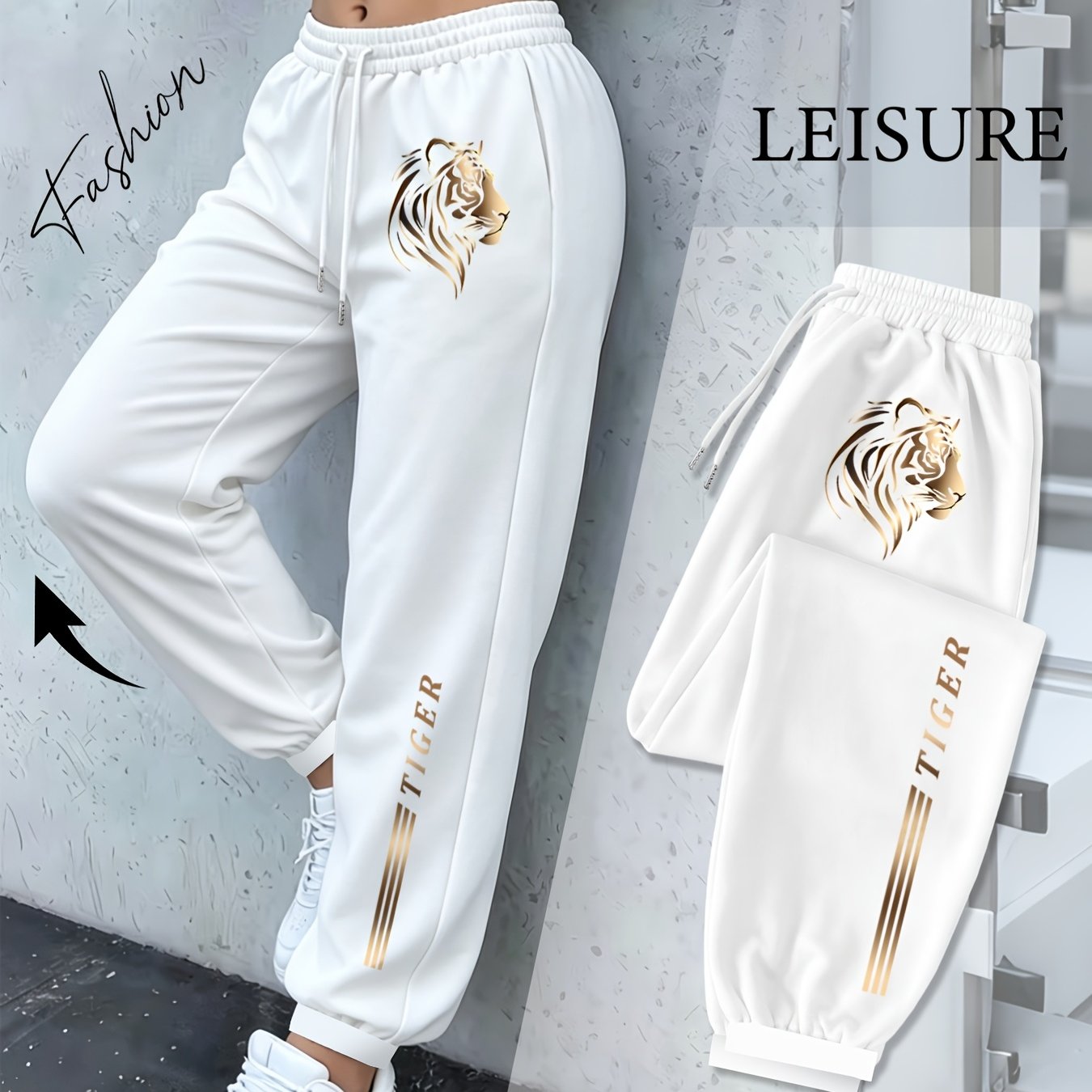TEMU Women's Drawstring High-waist Jogger Pants With Head And Three-stripe Print, Loose Fit Casual Joggers, Versatile Streetwear Long Pants
