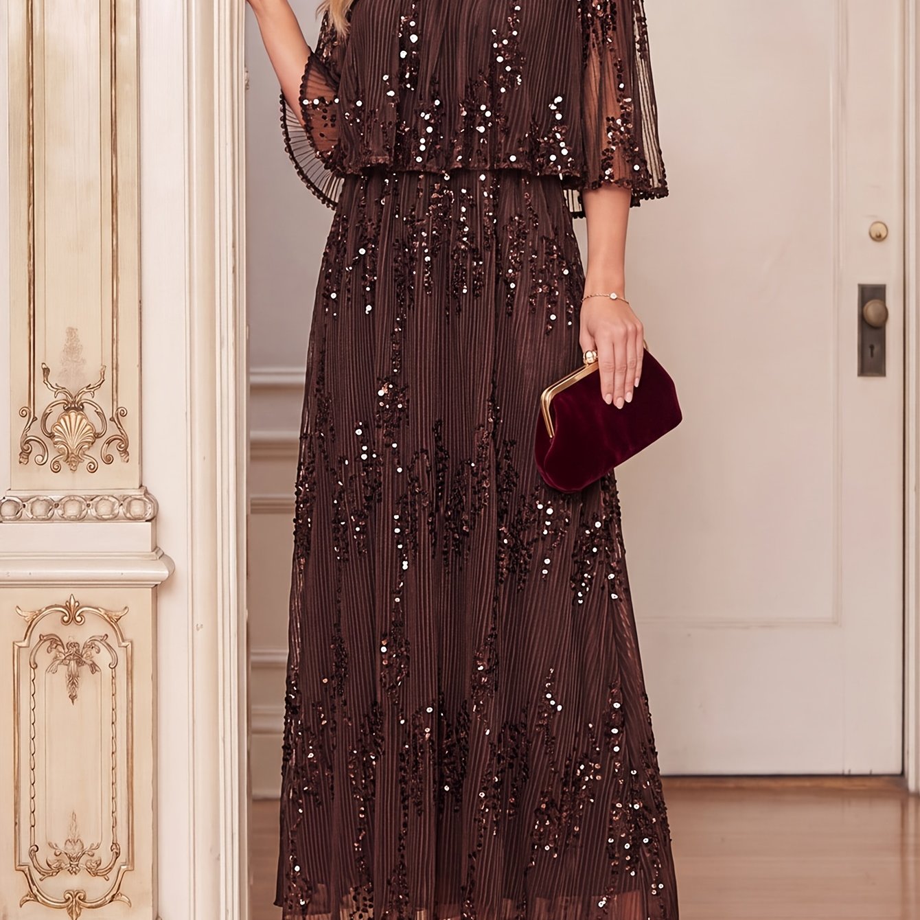 TEMU Robe Maxi Femme à Sequins et Plissés en , Col Rond, Manches Volant Cape, Robe Longue Formelle pour Soirée Mariage et Fête