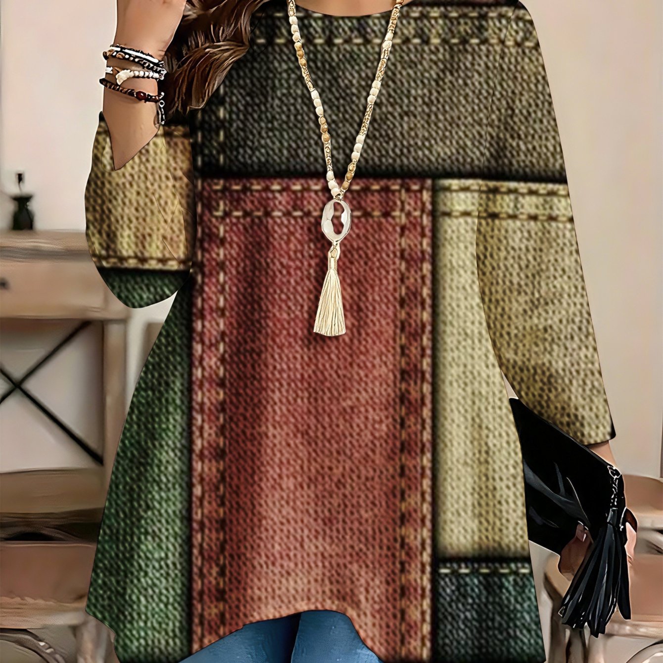 Image of Plus Size - Fashionable , Women's Long-sleeve Blouse With Round Neck And Asymmetric Hem Print . Restoring Ancient Ways, Perfect For Spring And Summer Wear, For Plus-size Women