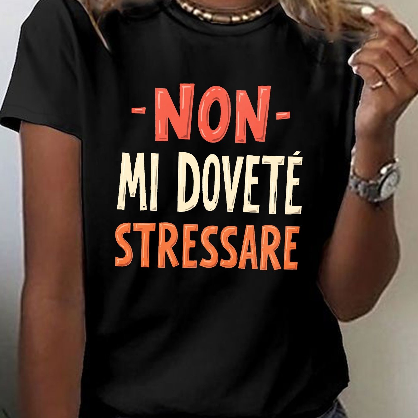 TEMU Italian Stress Print T-shirt, Short Sleeve Crew Neck Casual Top For Summer & Spring, Women's Clothing