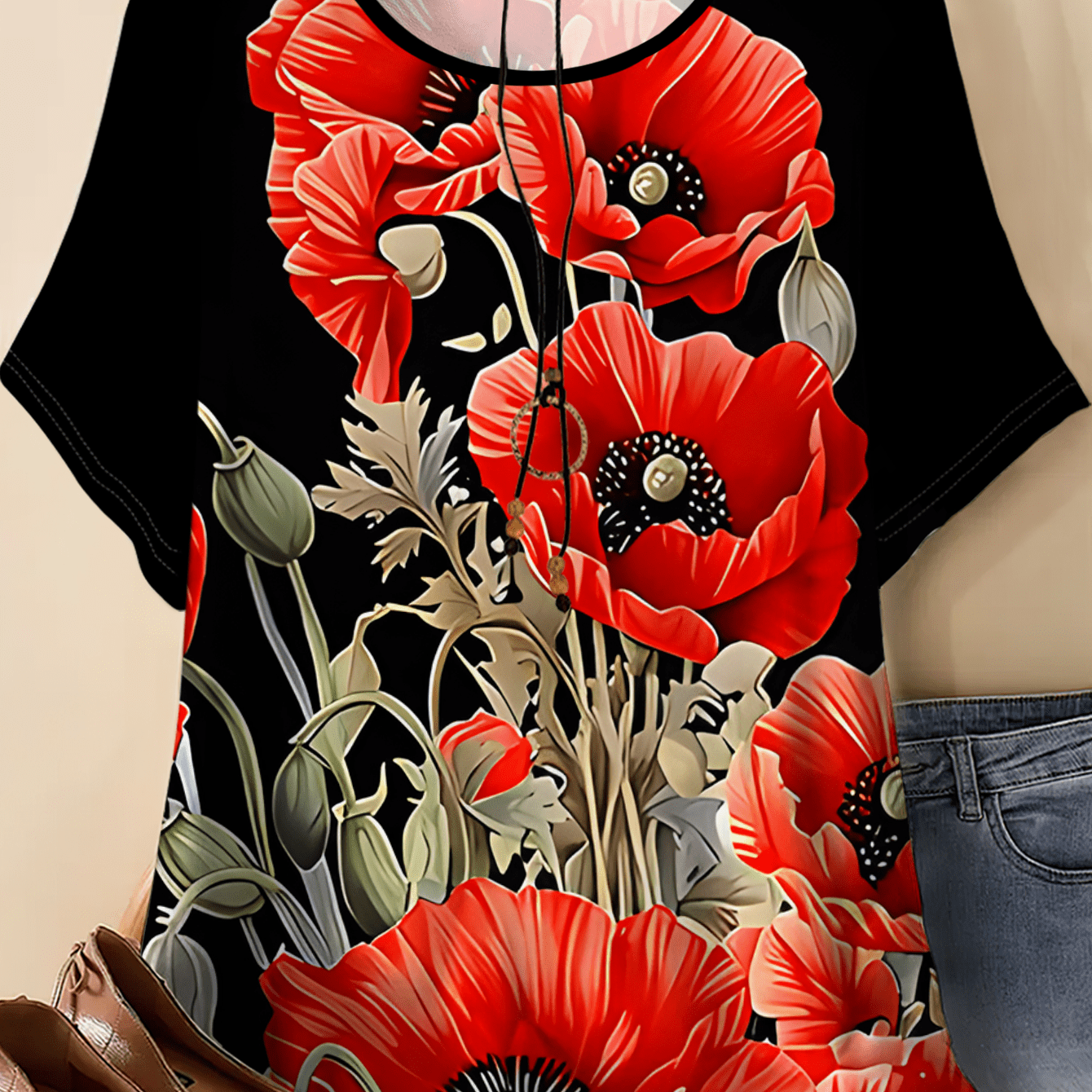 TEMU Plus Size Women's Vintage Red Poppy Print Short Sleeve T-shirt, Summer Fashion Loose Fit Versatile Top, And Figure-flattering