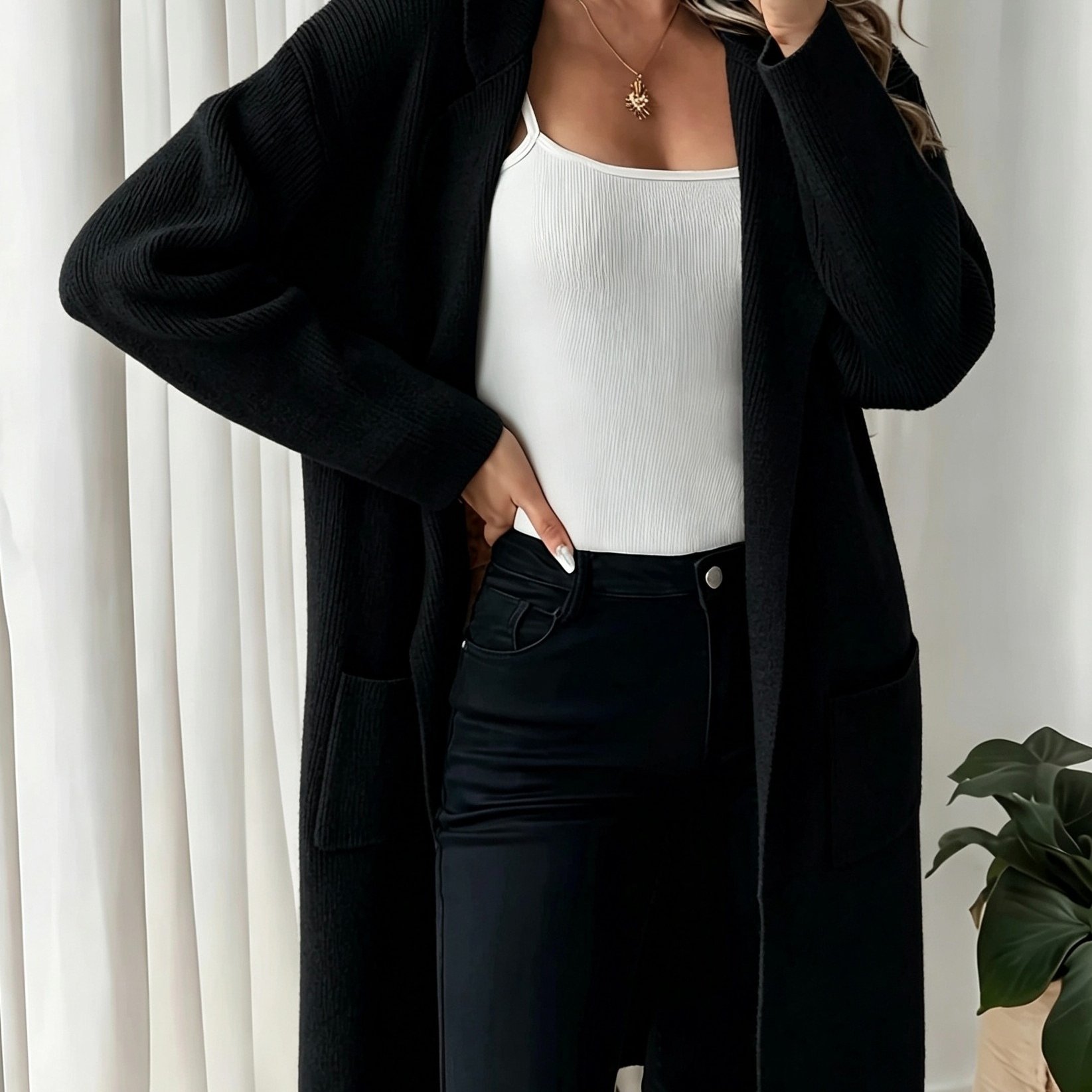 TEMU Nouveau cardigan uni décontracté et élégant pour et l'hiver, polyvalent pour les , stylé avec poches, pull cardigan mi-long pour femme