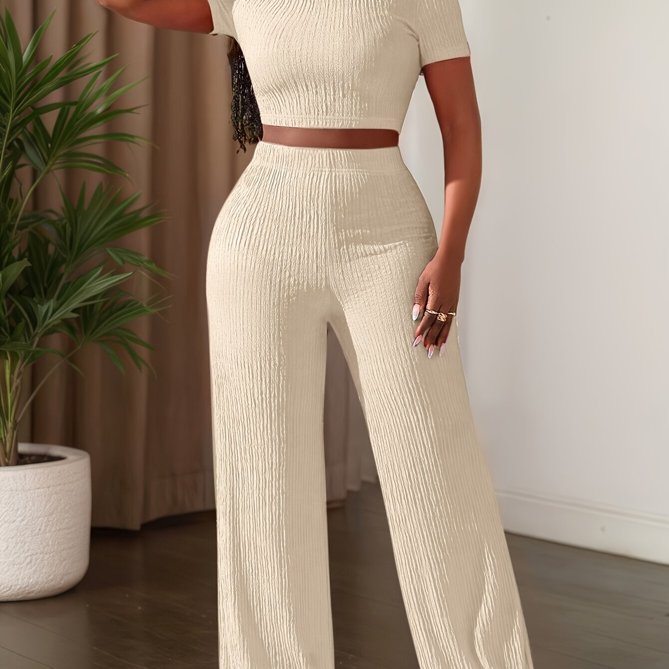 E-shop 2025 Neues einfarbiges Kurzarm-Top und Hose mit weitem Bein, lässiges Set