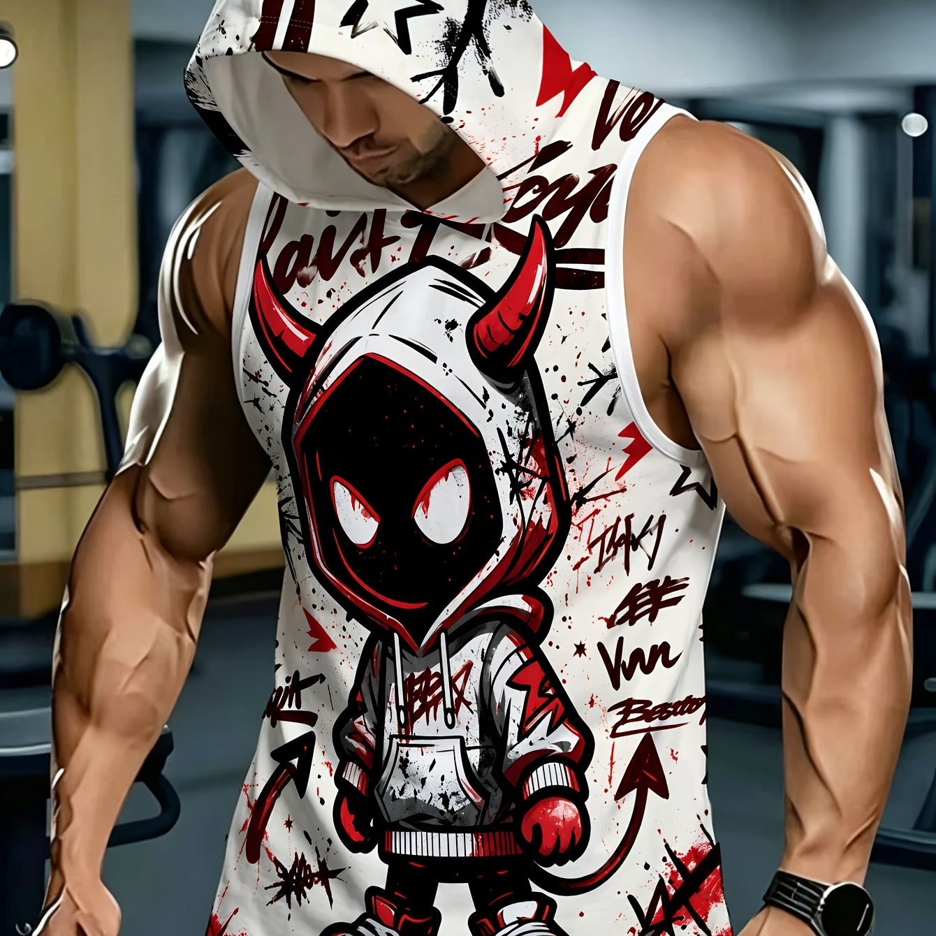 TEMU Débardeur tendance à capuche pour homme avec imprimé de dessin animé, style élégant pour de sport, l'entraînement, , les vêtements décontractés,