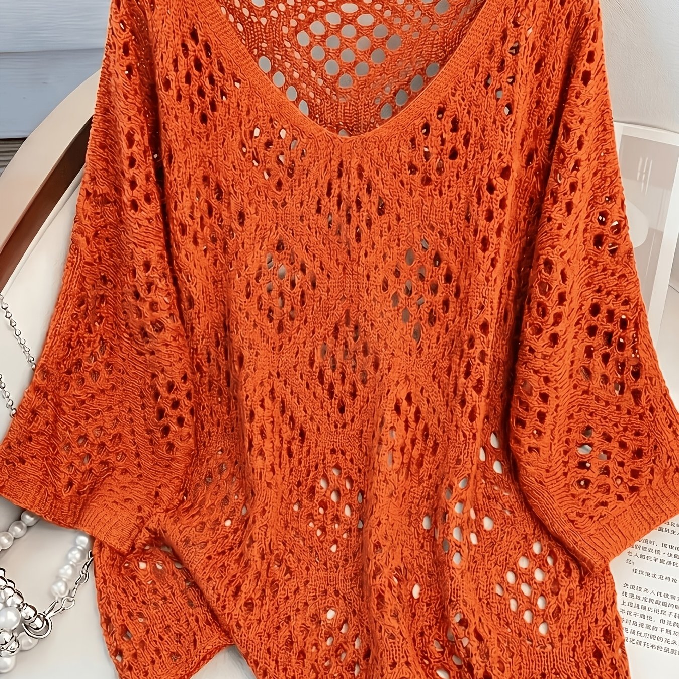 TEMU Plus Size, Plus Size V-neck Rhombus Cutout Top For Women, Summer Lightweight Batwing Sleeve Loose Fit Outerwear