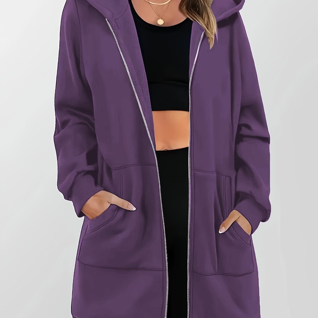 TEMU Women's Long Zip-up Hooded Sweatshirt, Casual Versatile Zip Cardigan Top